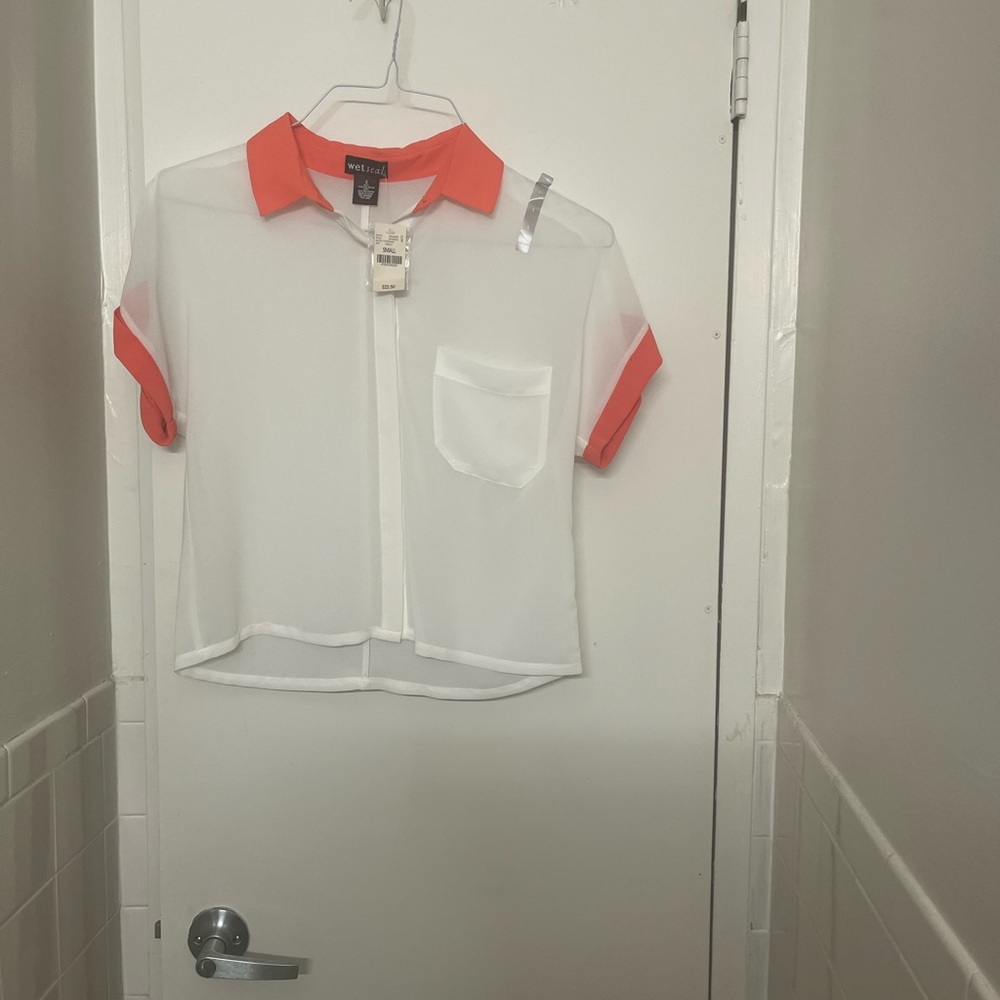 Wet Seal Coral and White Sheer Blouse